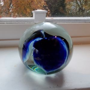 " THE GLASS EYE" heavy glass weight. Vibrant blue tones